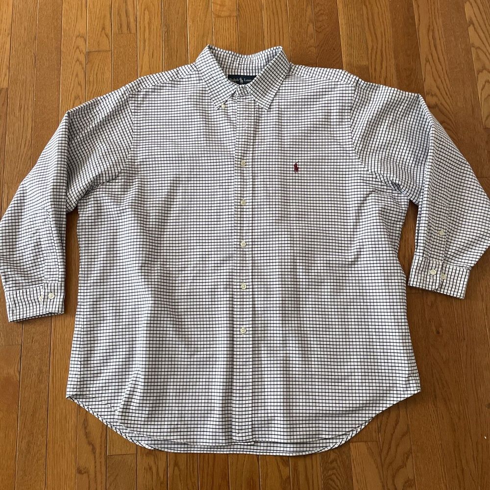 Ralph Lauren Shirt Mens Blue Check Long‎ Sleeve Classic Fit Button Down 17 1/2